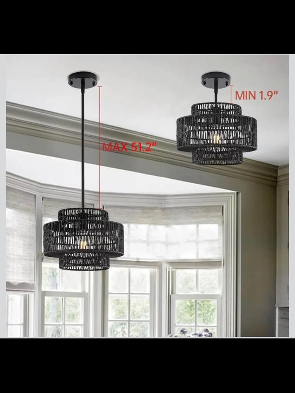 NIB 12.4” Black Boho Rattan Chandelier Light Fixture, 1-Light Hand Woven Pendant